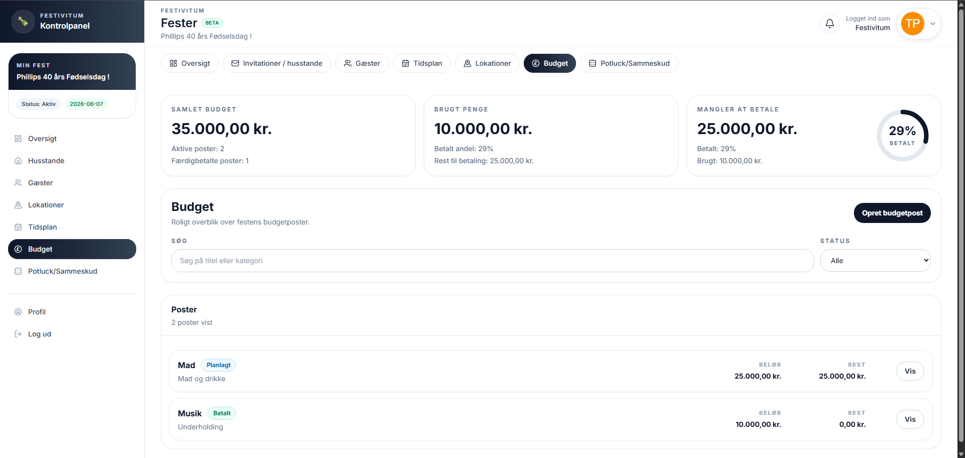 Festivitum Budget modul